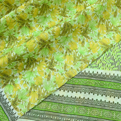 Indian Vintage Sari Green & White Printed Pure Cotton Sarees 5Yd Craft Fabric Soft Sewing Sarong Wrap Boho Upcycle quilting Dress making