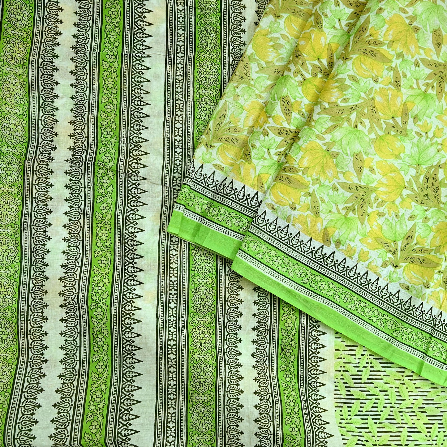 Indian Vintage Sari Green & White Printed Pure Cotton Sarees 5Yd Craft Fabric Soft Sewing Sarong Wrap Boho Upcycle quilting Dress making