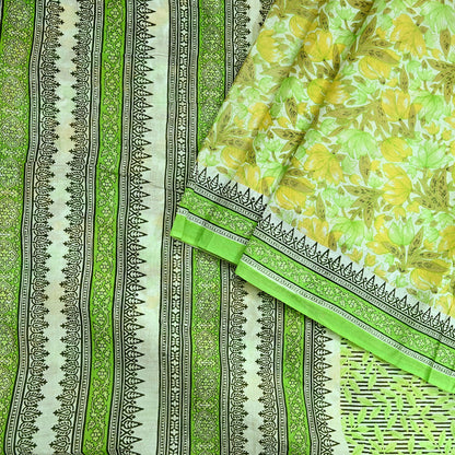 Indian Vintage Sari Green & White Printed Pure Cotton Sarees 5Yd Craft Fabric Soft Sewing Sarong Wrap Boho Upcycle quilting Dress making