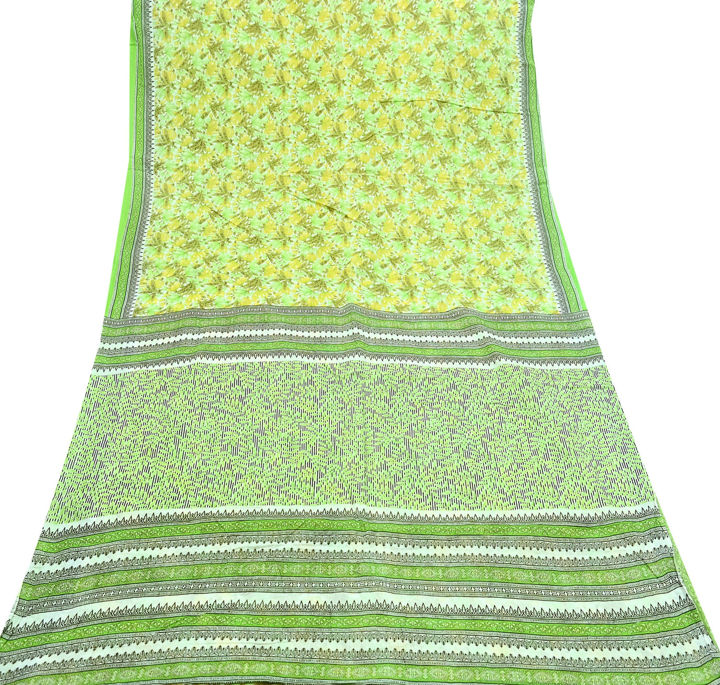 Indian Vintage Sari Green & White Printed Pure Cotton Sarees 5Yd Craft Fabric Soft Sewing Sarong Wrap Boho Upcycle quilting Dress making