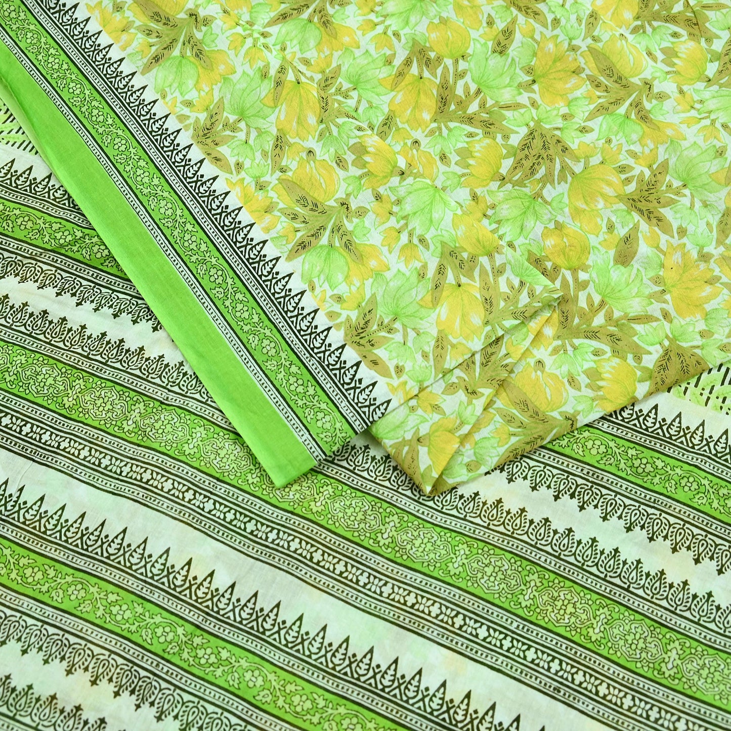 Indian Vintage Sari Green & White Printed Pure Cotton Sarees 5Yd Craft Fabric Soft Sewing Sarong Wrap Boho Upcycle quilting Dress making