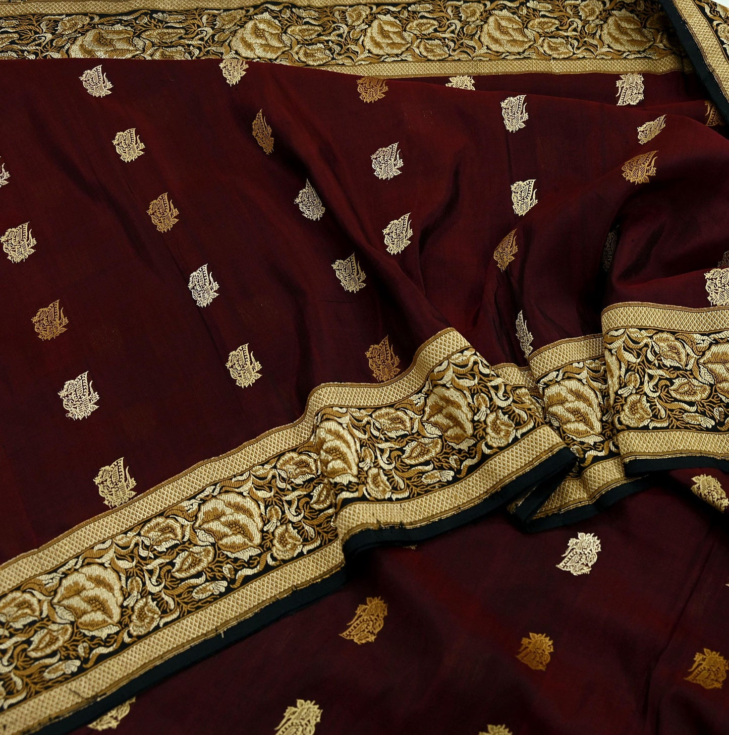 Indian Vintage Sari Black & Maroon 100% Pure Silk Hand Woven Sarees Craft Fabric 5Yd Ethnic Sewing Dress making Crafting Quilting Upcycle