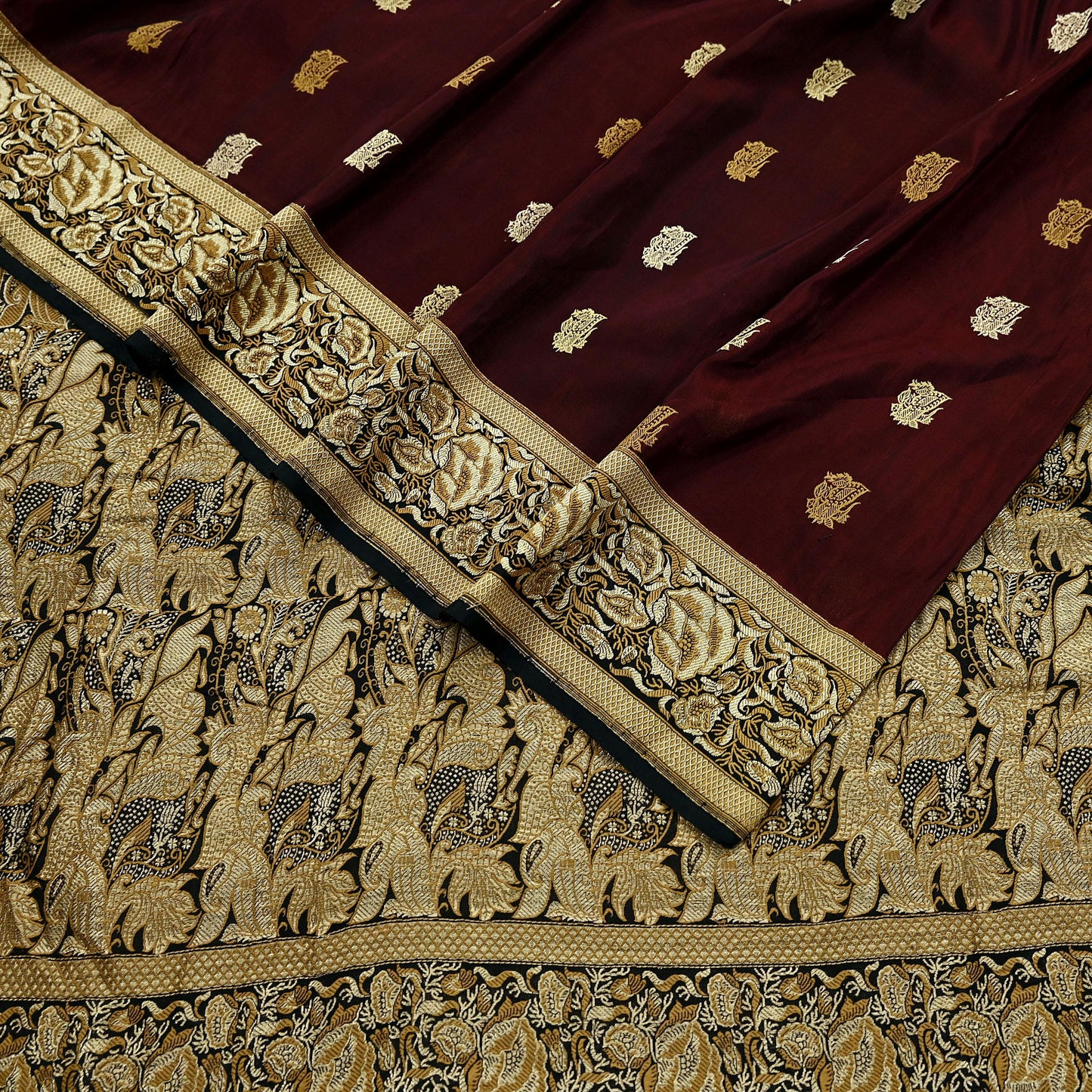 Indian Vintage Sari Black & Maroon 100% Pure Silk Hand Woven Sarees Craft Fabric 5Yd Ethnic Sewing Dress making Crafting Quilting Upcycle