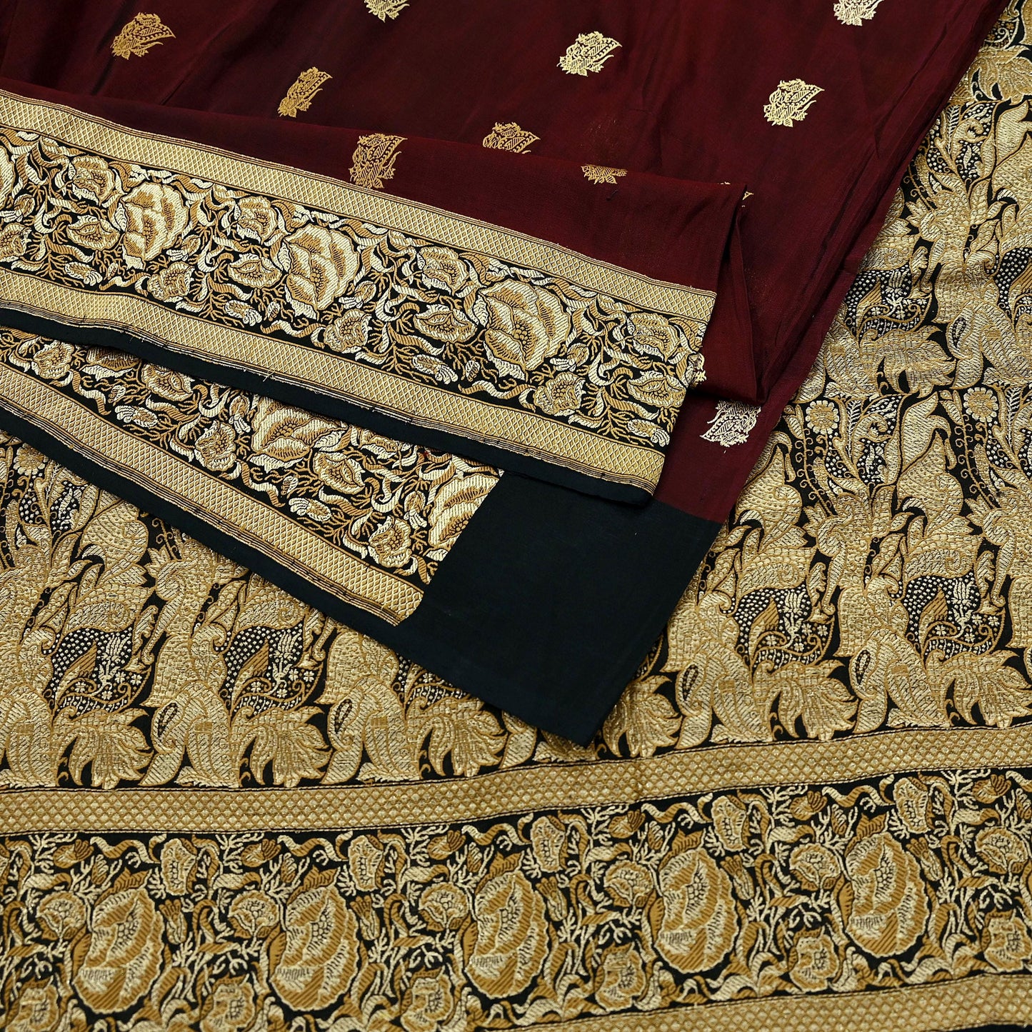 Indian Vintage Sari Black & Maroon 100% Pure Silk Hand Woven Sarees Craft Fabric 5Yd Ethnic Sewing Dress making Crafting Quilting Upcycle