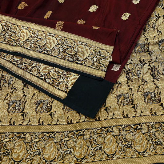 Indian Vintage Sari Black & Maroon 100% Pure Silk Hand Woven Sarees Craft Fabric 5Yd Ethnic Sewing Dress making Crafting Quilting Upcycle
