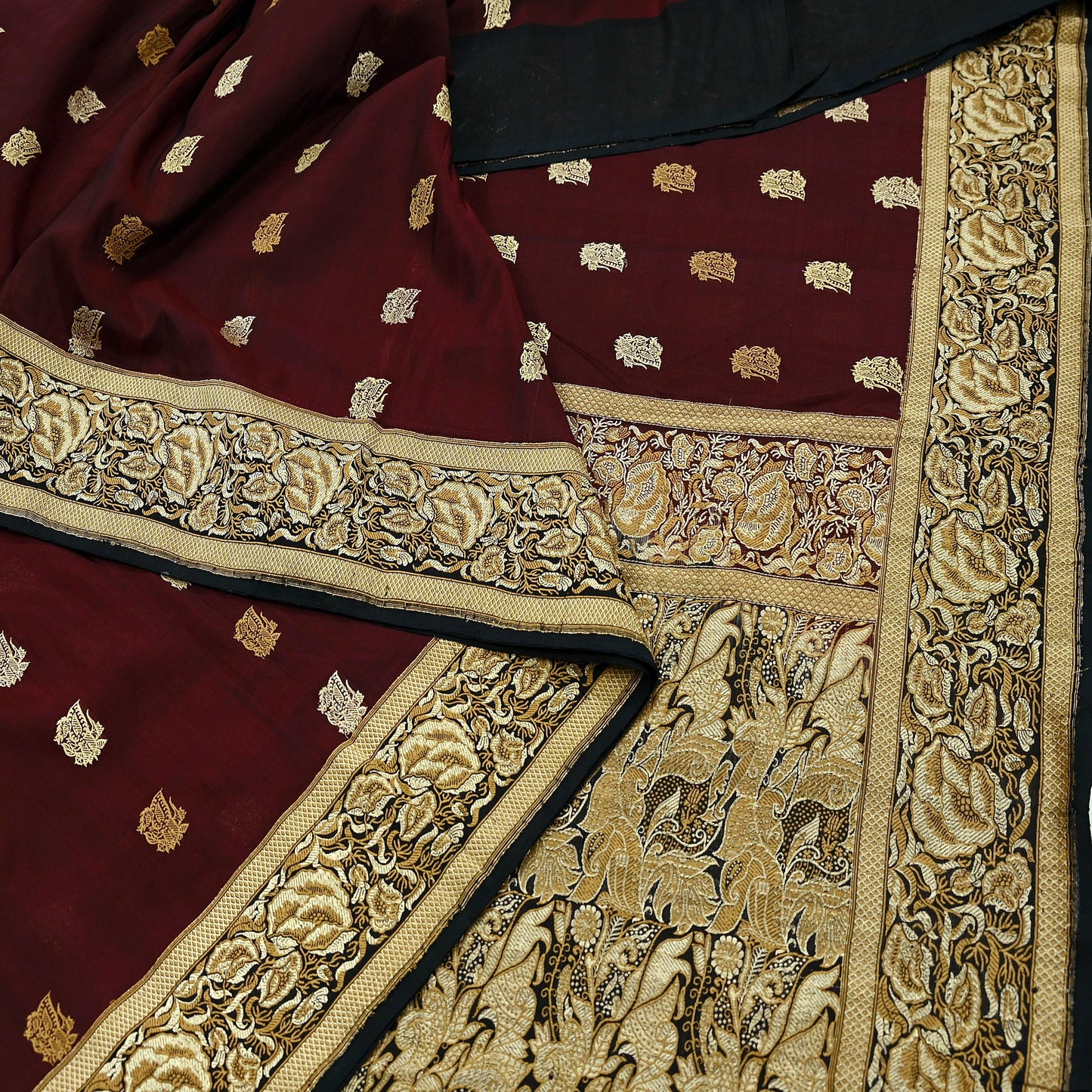 Indian Vintage Sari Black & Maroon 100% Pure Silk Hand Woven Sarees Craft Fabric 5Yd Ethnic Sewing Dress making Crafting Quilting Upcycle