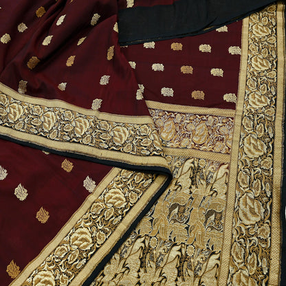 Indian Vintage Sari Black & Maroon 100% Pure Silk Hand Woven Sarees Craft Fabric 5Yd Ethnic Sewing Dress making Crafting Quilting Upcycle