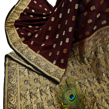 Indian Vintage Sari Black & Maroon 100% Pure Silk Hand Woven Sarees Craft Fabric 5Yd Ethnic Sewing Dress making Crafting Quilting Upcycle