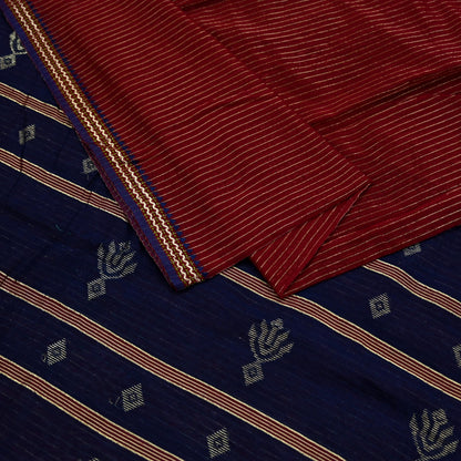 Indian Vintage Sarees Blue & Maroon Pure Cotton Hand Woven Sari 5yd Ethnic Floral Craft Fabric Dress making Upcycle Crafting Quilting Zari