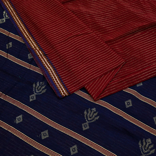 Indian Vintage Sarees Blue & Maroon Pure Cotton Hand Woven Sari 5yd Ethnic Floral Craft Fabric Dress making Upcycle Crafting Quilting Zari