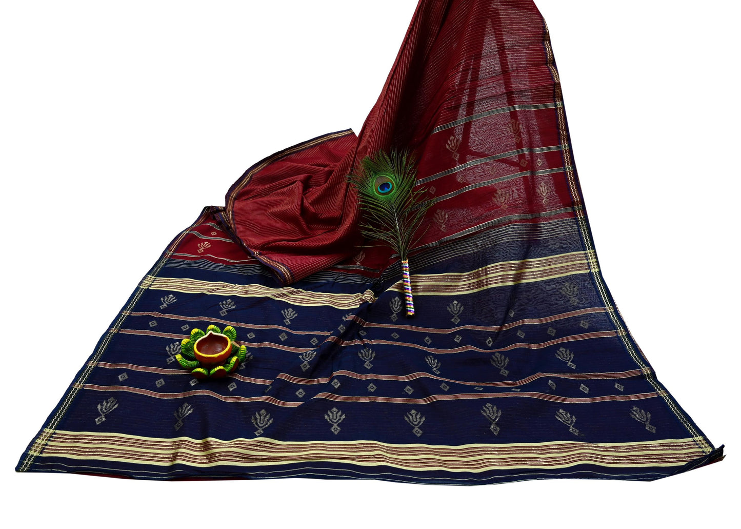 Indian Vintage Sarees Blue & Maroon Pure Cotton Hand Woven Sari 5yd Ethnic Floral Craft Fabric Dress making Upcycle Crafting Quilting Zari