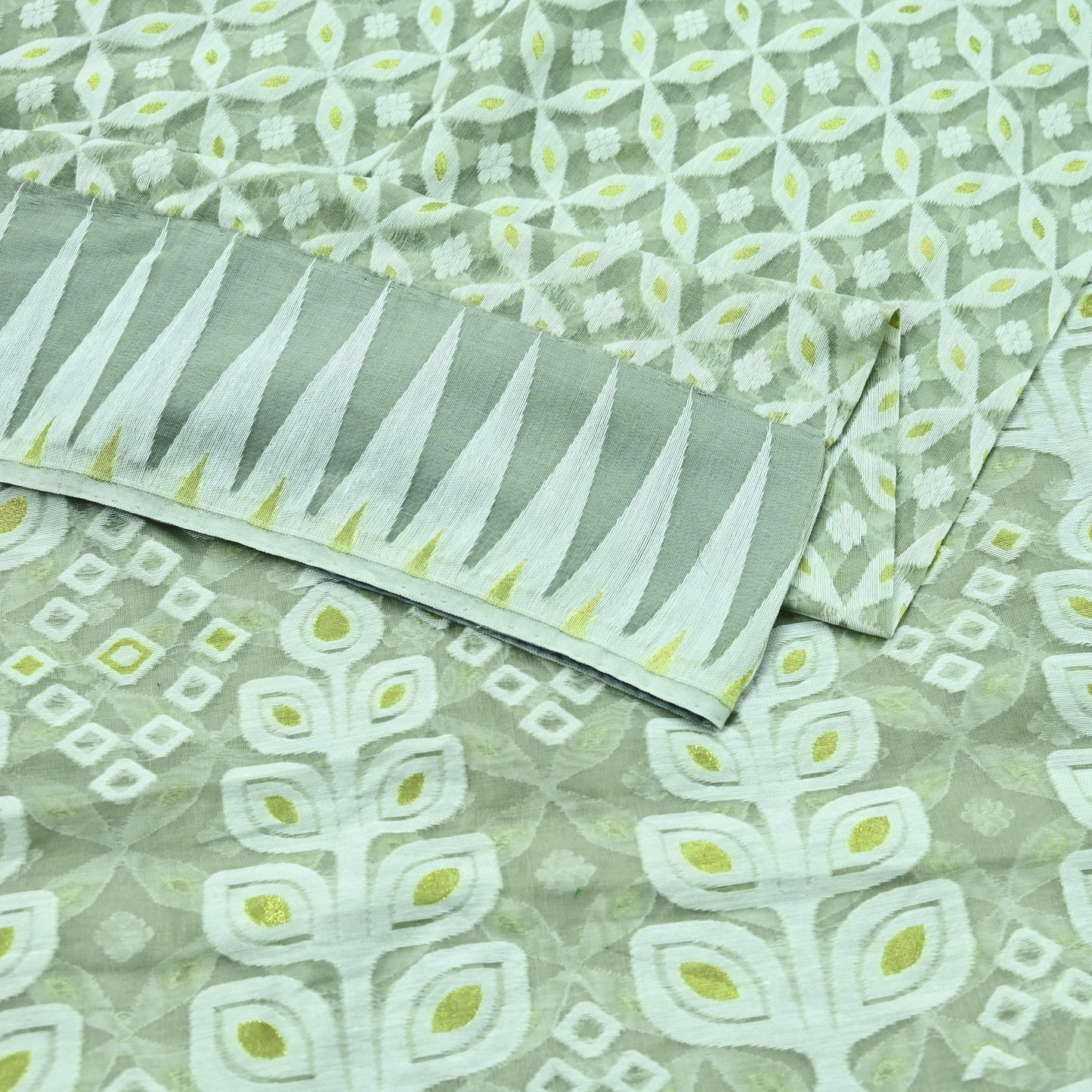 Indian Vintage Sarees Gray Cotton Hand Woven Jamdani Sari 5yd Ethnic Floral Craft Fabric Dress making Upcycle Crafting Quilting