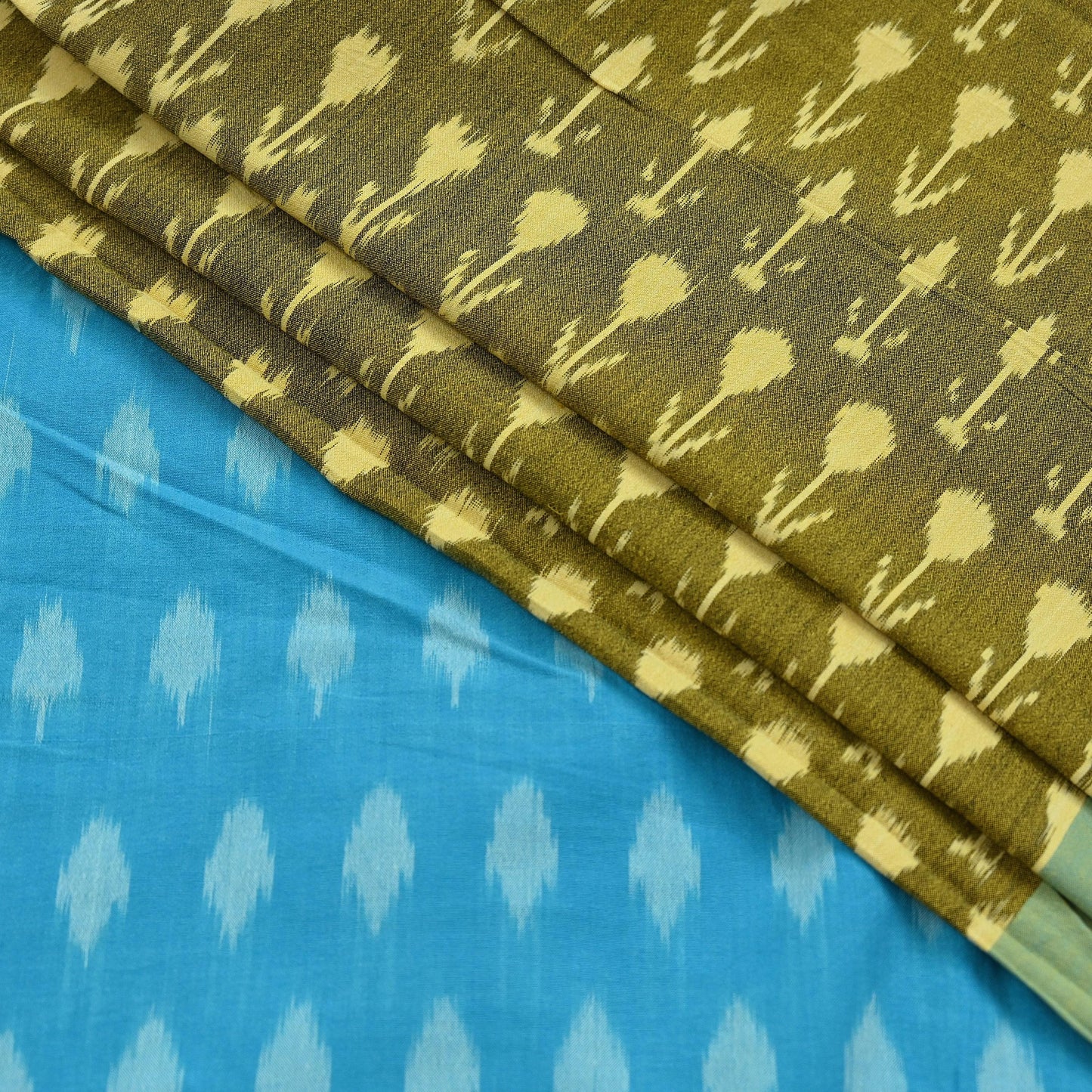 Indian Vintage Blue & Green Saree Ikat Printed Pure Cotton Sari Craft Fabric 5Yd Sewing Sarong Wrap Boho Dress Making Quilting Upcycle