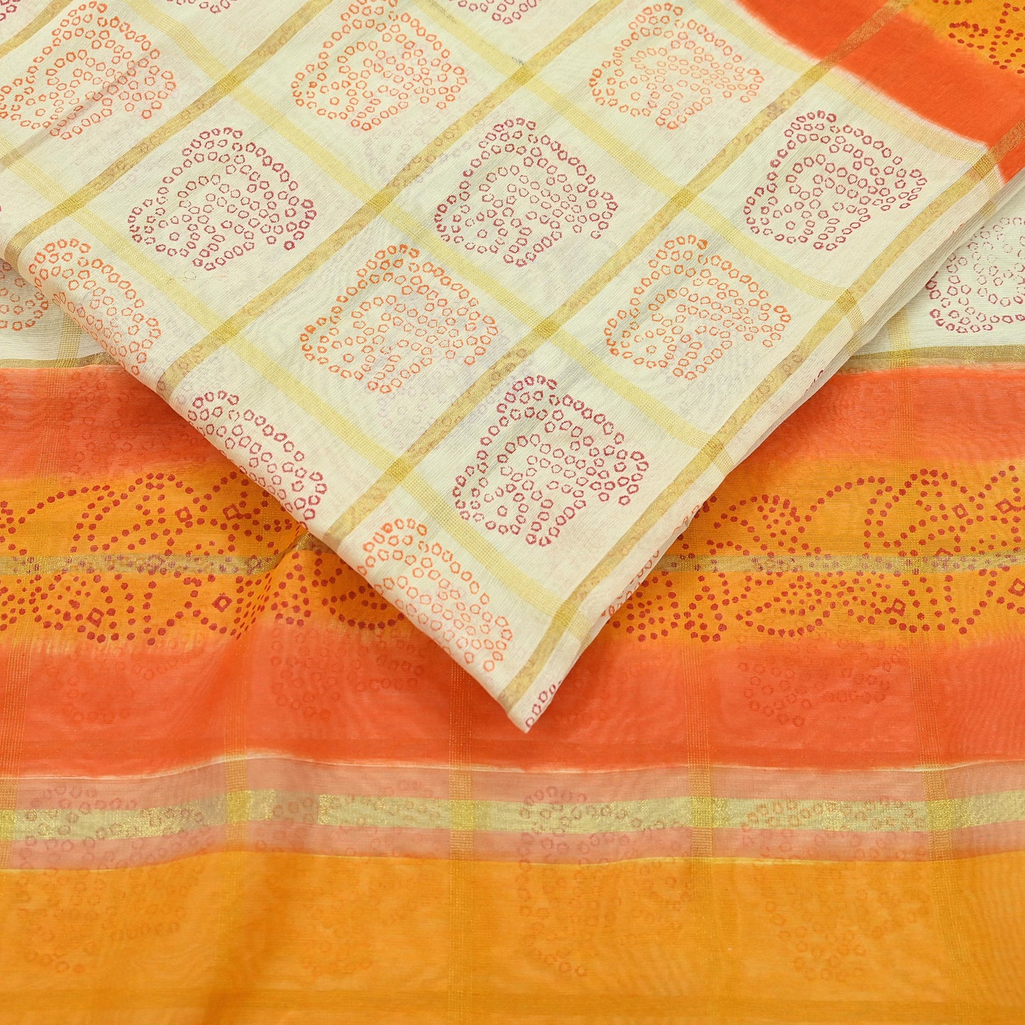 Indian Vintage Ivory Saree Cotton Bandhani Printed Sari Craft Fabric 5Yd Sewing Sarong Wrap Floral Dress Making Crafting Quilting Zari