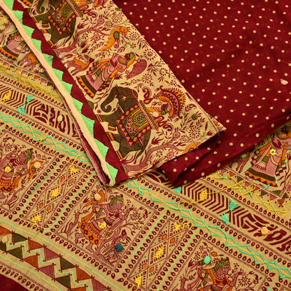 Indian Vintage Sari Maroon Pure Cotton Hand Embroidered Kutch Sarees 5yd Ethnic Soft Floral Design Dress making Crafting Patches