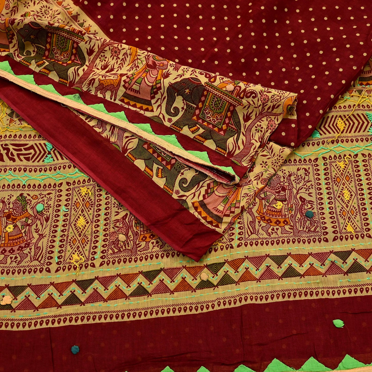Indian Vintage Sari Maroon Pure Cotton Hand Embroidered Kutch Sarees 5yd Ethnic Soft Floral Design Dress making Crafting Patches