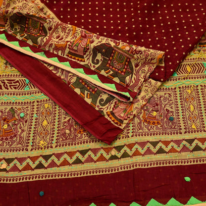 Indian Vintage Sari Maroon Pure Cotton Hand Embroidered Kutch Sarees 5yd Ethnic Soft Floral Design Dress making Crafting Patches