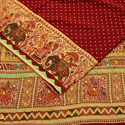Indian Vintage Sari Maroon Pure Cotton Hand Embroidered Kutch Sarees 5yd Ethnic Soft Floral Design Dress making Crafting Patches