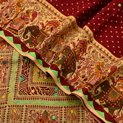 Indian Vintage Sari Maroon Pure Cotton Hand Embroidered Kutch Sarees 5yd Ethnic Soft Floral Design Dress making Crafting Patches