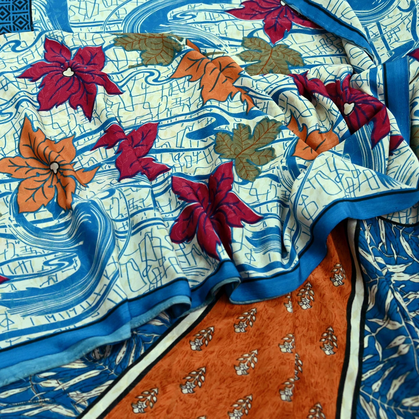 Indian Vintage Blue Saree Moss Crepe Printed Sari 5yd Sewing Floral Soft Craft Fabric Dressmaking For Crafting Quilting Upcycle Boho