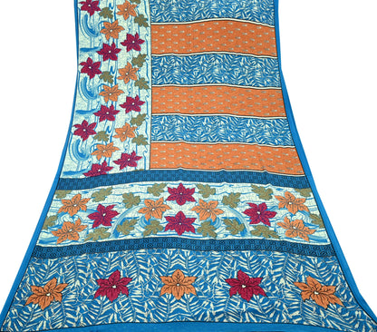 Indian Vintage Blue Saree Moss Crepe Printed Sari 5yd Sewing Floral Soft Craft Fabric Dressmaking For Crafting Quilting Upcycle Boho