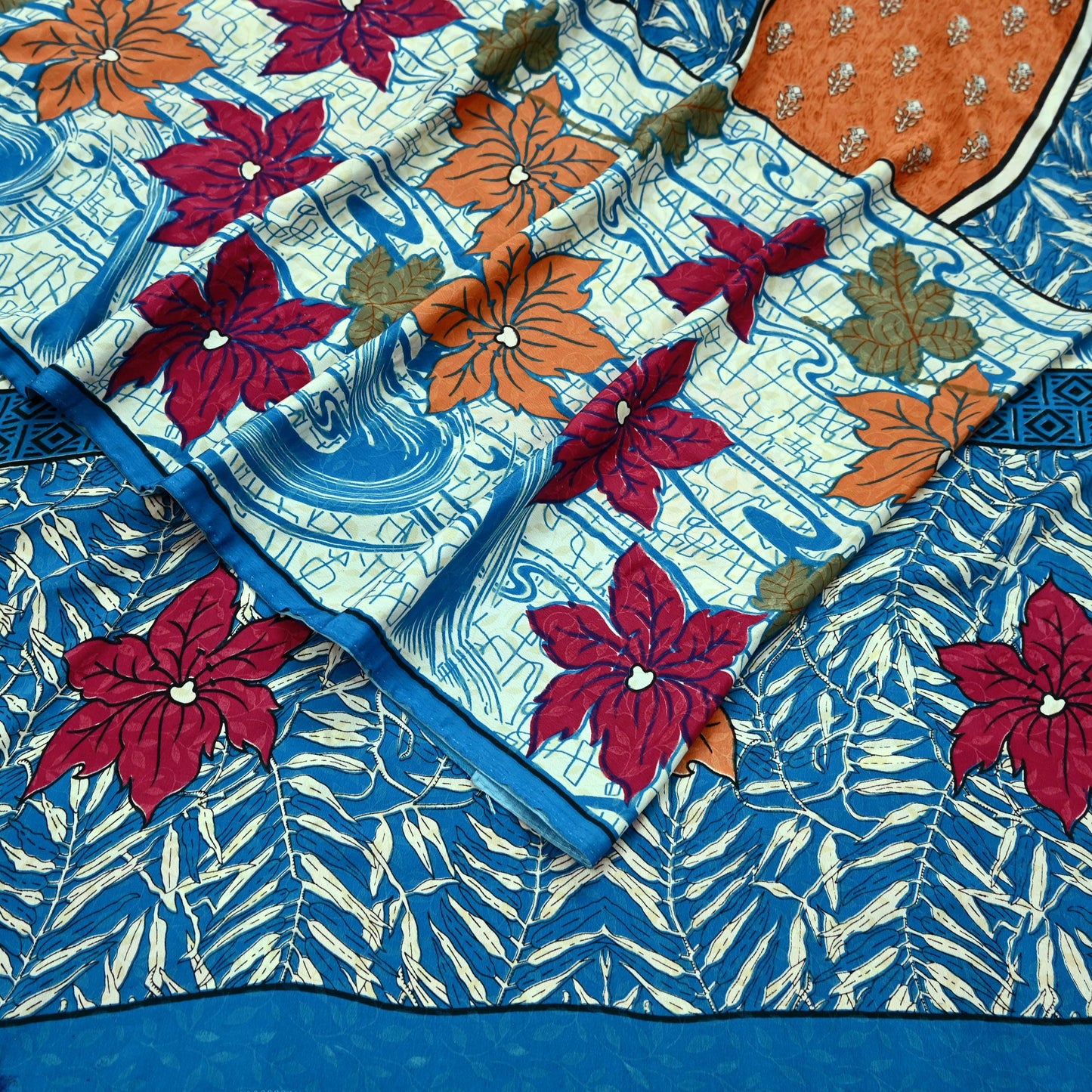 Indian Vintage Blue Saree Moss Crepe Printed Sari 5yd Sewing Floral Soft Craft Fabric Dressmaking For Crafting Quilting Upcycle Boho