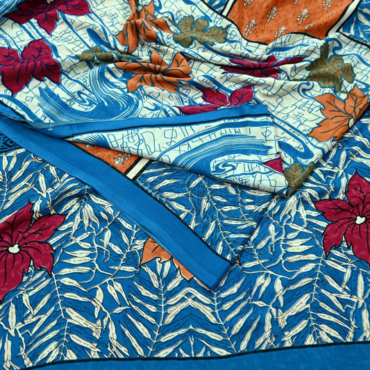 Indian Vintage Blue Saree Moss Crepe Printed Sari 5yd Sewing Floral Soft Craft Fabric Dressmaking For Crafting Quilting Upcycle Boho