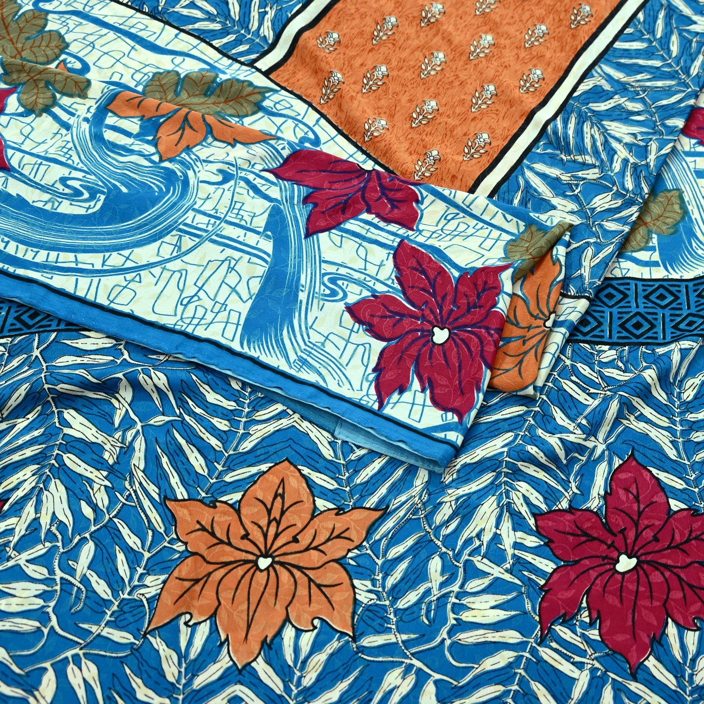 Indian Vintage Blue Saree Moss Crepe Printed Sari 5yd Sewing Floral Soft Craft Fabric Dressmaking For Crafting Quilting Upcycle Boho