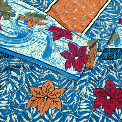Indian Vintage Blue Saree Moss Crepe Printed Sari 5yd Sewing Floral Soft Craft Fabric Dressmaking For Crafting Quilting Upcycle Boho