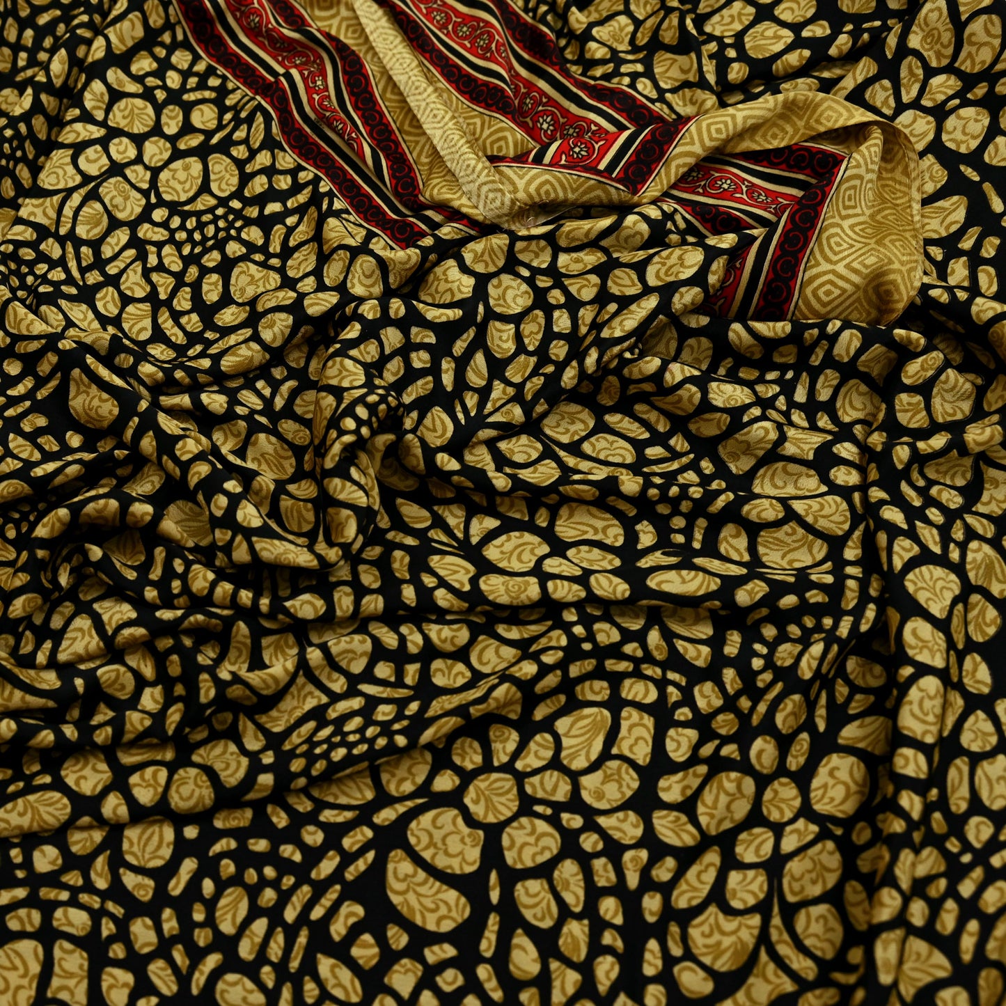 Indian Vintage Saree Beige & Black Moss Crepe Printed Sari | 5 Yards | Polka Dot Soft Fabric for Sewing, Dressmaking, Crafting, Quilting