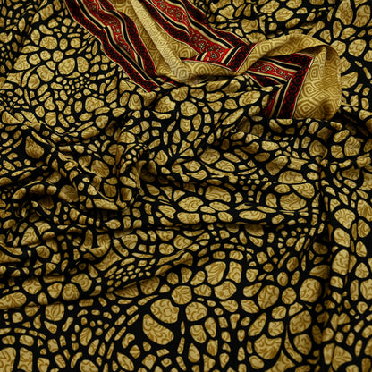 Indian Vintage Saree Beige & Black Moss Crepe Printed Sari | 5 Yards | Polka Dot Soft Fabric for Sewing, Dressmaking, Crafting, Quilting