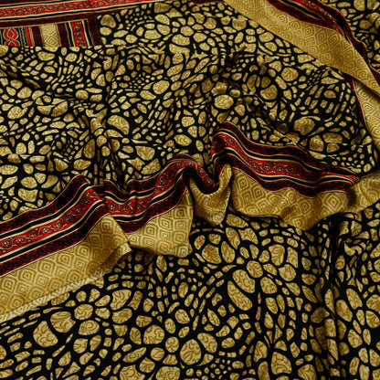 Indian Vintage Saree Beige & Black Moss Crepe Printed Sari | 5 Yards | Polka Dot Soft Fabric for Sewing, Dressmaking, Crafting, Quilting