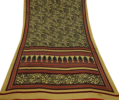 Indian Vintage Saree Beige & Black Moss Crepe Printed Sari | 5 Yards | Polka Dot Soft Fabric for Sewing, Dressmaking, Crafting, Quilting