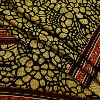 Indian Vintage Saree Beige & Black Moss Crepe Printed Sari | 5 Yards | Polka Dot Soft Fabric for Sewing, Dressmaking, Crafting, Quilting