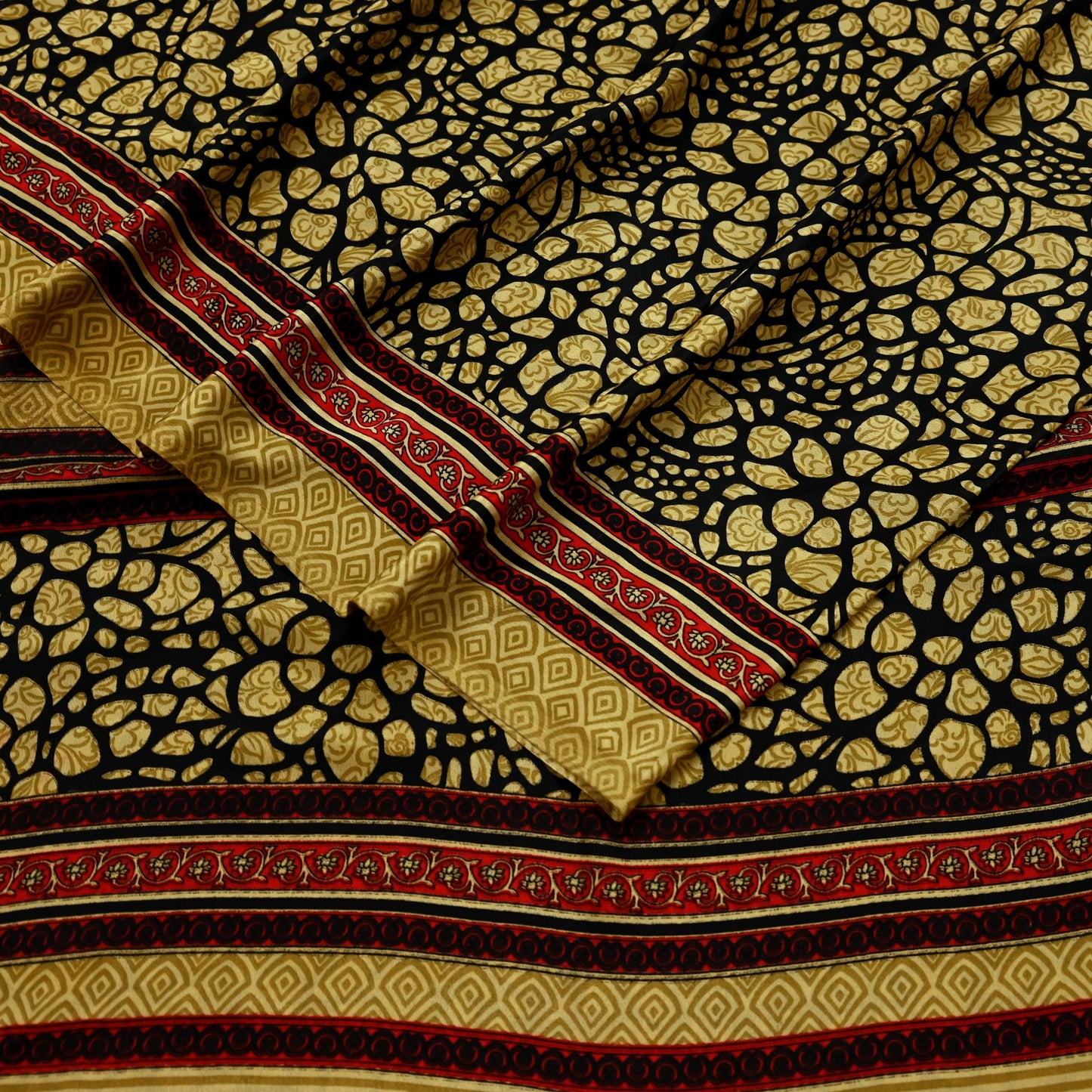 Indian Vintage Saree Beige & Black Moss Crepe Printed Sari | 5 Yards | Polka Dot Soft Fabric for Sewing, Dressmaking, Crafting, Quilting