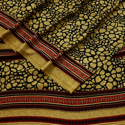 Indian Vintage Saree Beige & Black Moss Crepe Printed Sari | 5 Yards | Polka Dot Soft Fabric for Sewing, Dressmaking, Crafting, Quilting