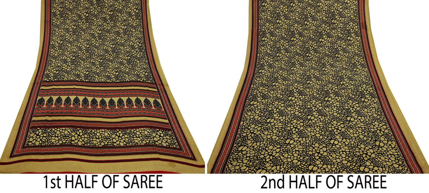 Indian Vintage Saree Beige & Black Moss Crepe Printed Sari | 5 Yards | Polka Dot Soft Fabric for Sewing, Dressmaking, Crafting, Quilting