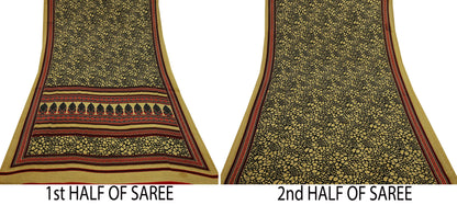 Indian Vintage Saree Beige & Black Moss Crepe Printed Sari | 5 Yards | Polka Dot Soft Fabric for Sewing, Dressmaking, Crafting, Quilting