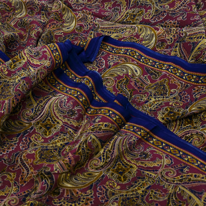 Indian Vintage Maroon Pure Crepe Silk Printed Saree | 5 Yards | Floral Craft Fabric | Soft Drape for Sewing,Dressmaking, Quilting &Upcycling