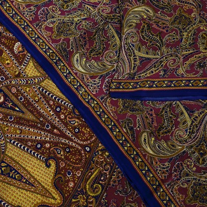 Indian Vintage Maroon Pure Crepe Silk Printed Saree | 5 Yards | Floral Craft Fabric | Soft Drape for Sewing,Dressmaking, Quilting &Upcycling