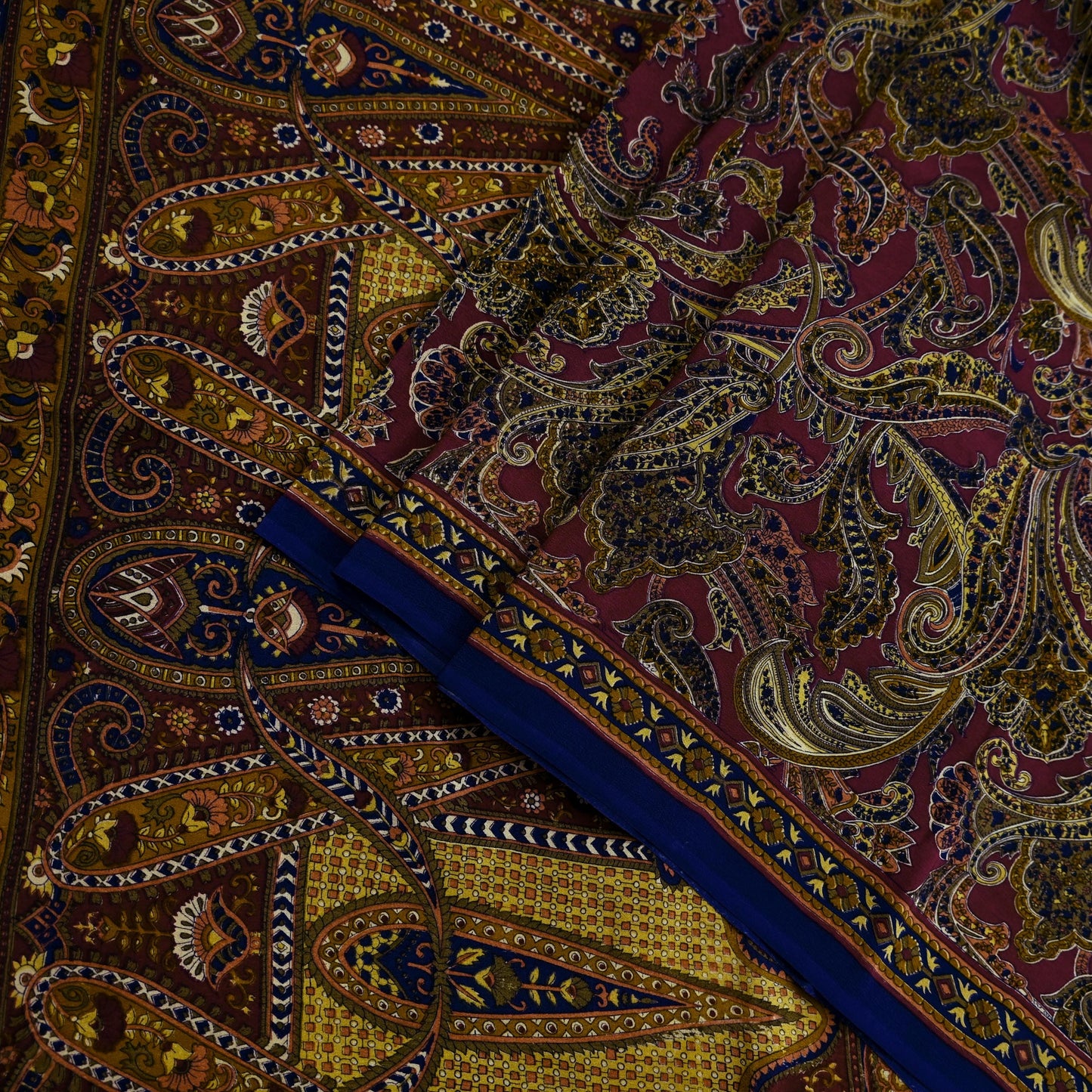 Indian Vintage Maroon Pure Crepe Silk Printed Saree | 5 Yards | Floral Craft Fabric | Soft Drape for Sewing,Dressmaking, Quilting &Upcycling