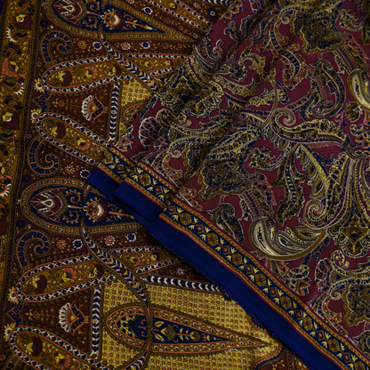 Indian Vintage Maroon Pure Crepe Silk Printed Saree | 5 Yards | Floral Craft Fabric | Soft Drape for Sewing,Dressmaking, Quilting &Upcycling