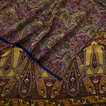 Indian Vintage Maroon Pure Crepe Silk Printed Saree | 5 Yards | Floral Craft Fabric | Soft Drape for Sewing,Dressmaking, Quilting &Upcycling