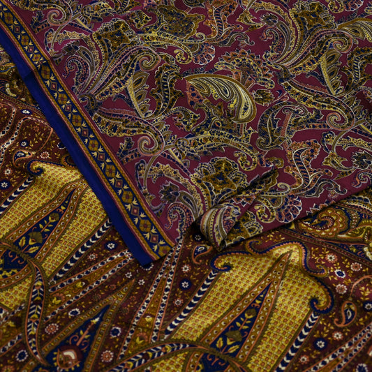 Indian Vintage Maroon Pure Crepe Silk Printed Saree | 5 Yards | Floral Craft Fabric | Soft Drape for Sewing,Dressmaking, Quilting &Upcycling