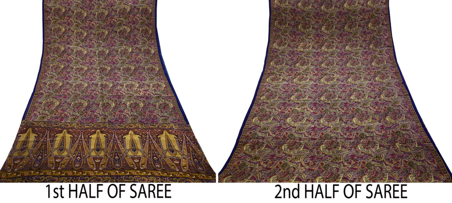 Indian Vintage Maroon Pure Crepe Silk Printed Saree | 5 Yards | Floral Craft Fabric | Soft Drape for Sewing,Dressmaking, Quilting &Upcycling