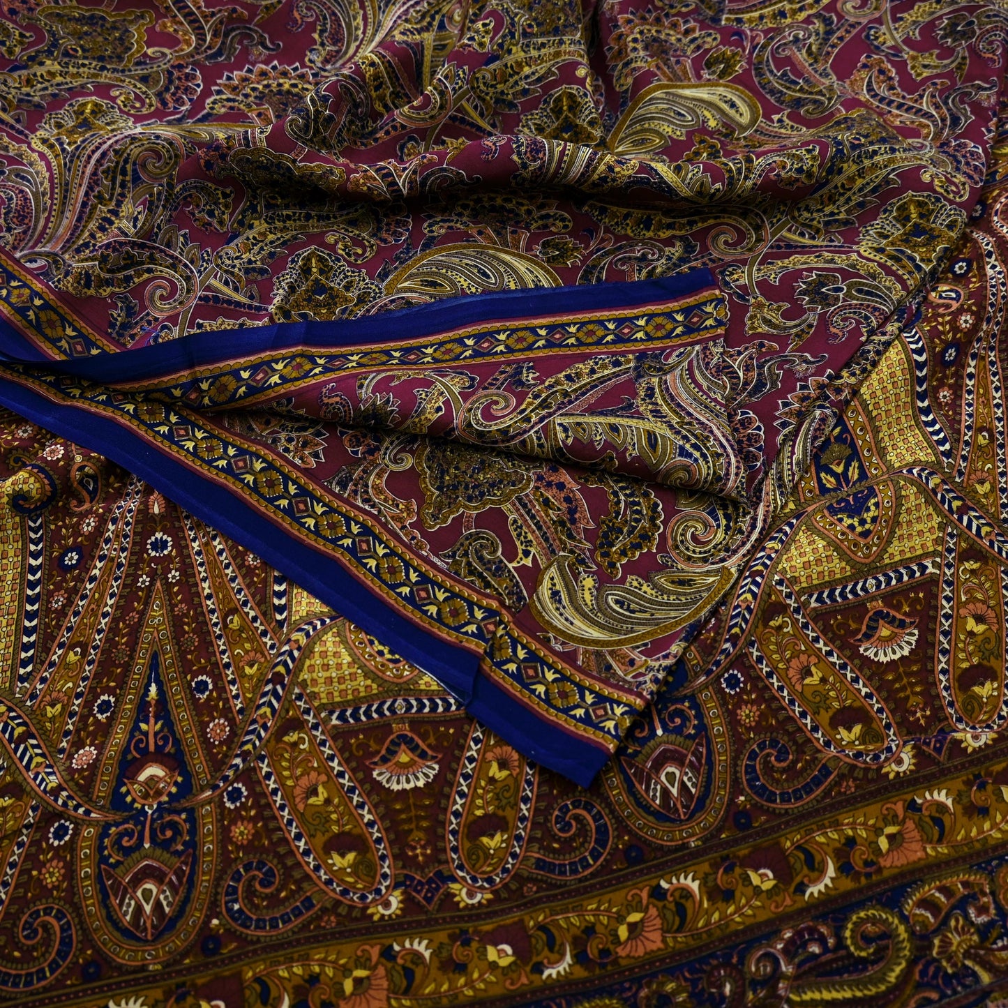 Indian Vintage Maroon Pure Crepe Silk Printed Saree | 5 Yards | Floral Craft Fabric | Soft Drape for Sewing,Dressmaking, Quilting &Upcycling