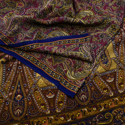 Indian Vintage Maroon Pure Crepe Silk Printed Saree | 5 Yards | Floral Craft Fabric | Soft Drape for Sewing,Dressmaking, Quilting &Upcycling