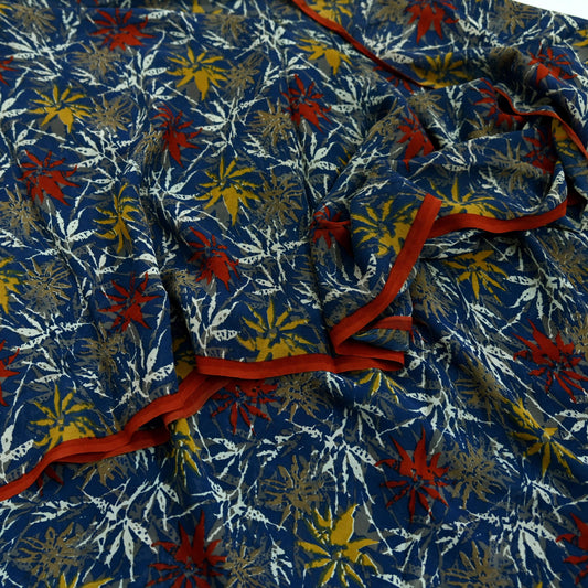 Indian Vintage Blue Pure Georgette Silk Saree | 5 Yards | Printed Floral & Stripes | Soft Sheer Fabric for Sewing, Dressmaking, Crafting