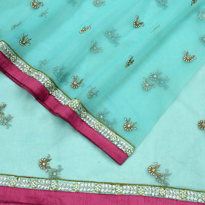 Indian Vintage Heavy Blue Dupatta Net Mesh Long Stole Hand Embroidered Scarves Golden Zardozi Zari Sequins Hijab Veil wrap Boho