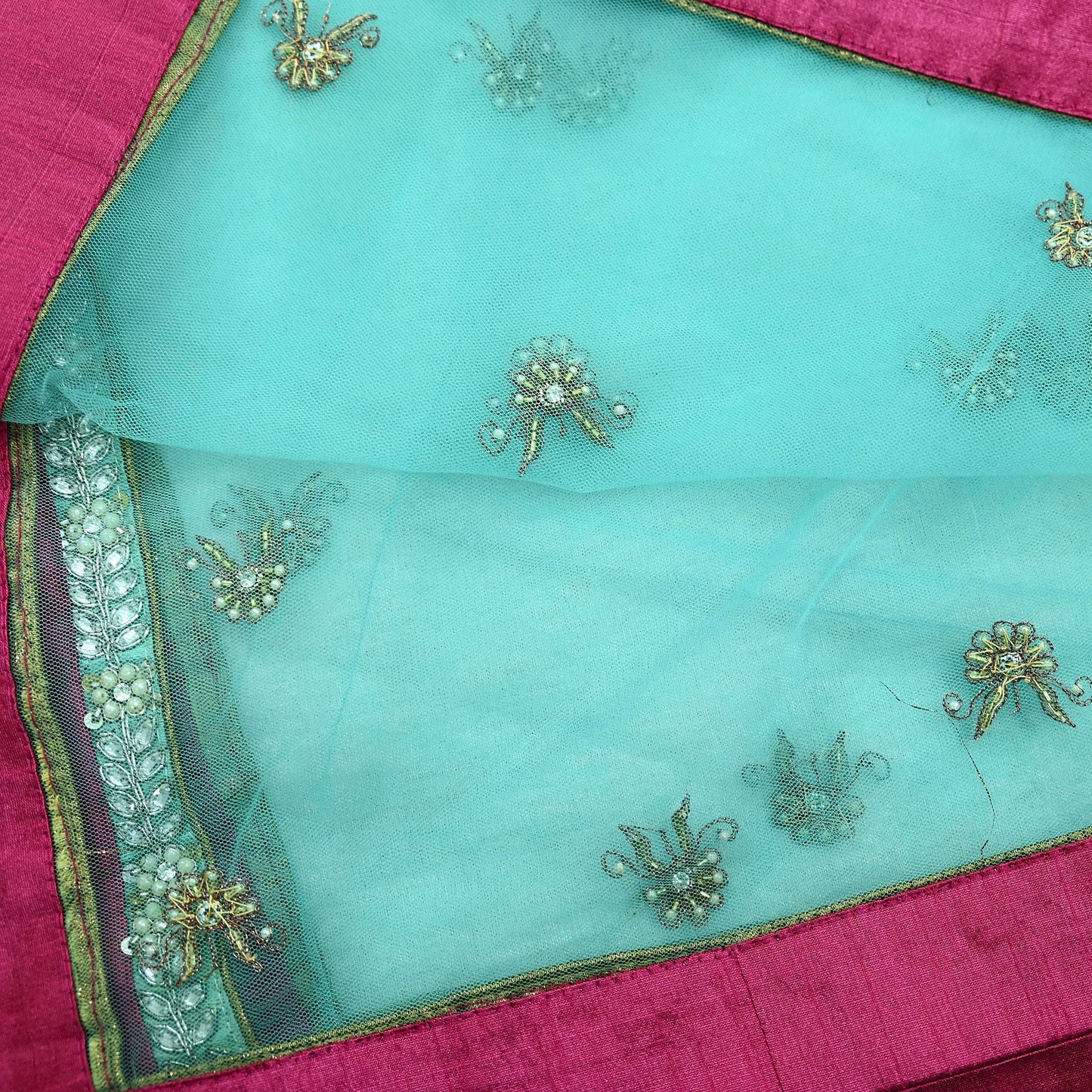 Indian Vintage Heavy Blue Dupatta Net Mesh Long Stole Hand Embroidered Scarves Golden Zardozi Zari Sequins Hijab Veil wrap Boho